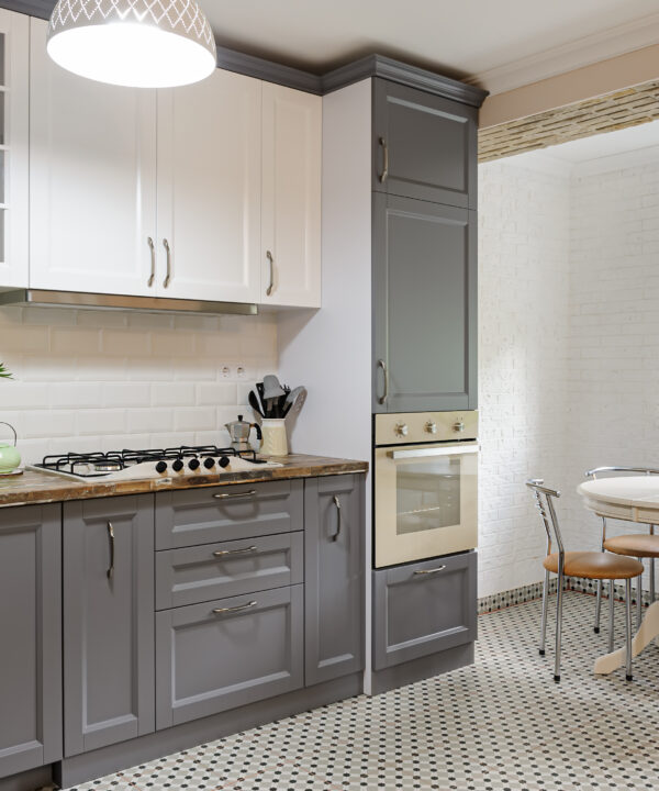 interior of modern luxury grey and white wooden kitchen