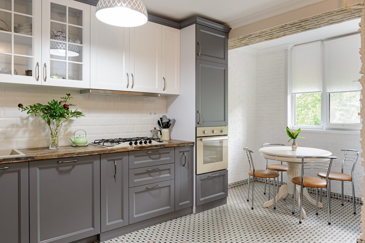 interior of modern luxury grey and white wooden kitchen